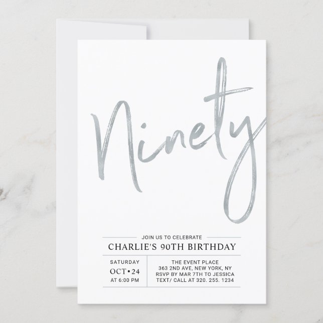 Ninety | Modern Silver Brush 90th Birthday Party Invitation (Front)