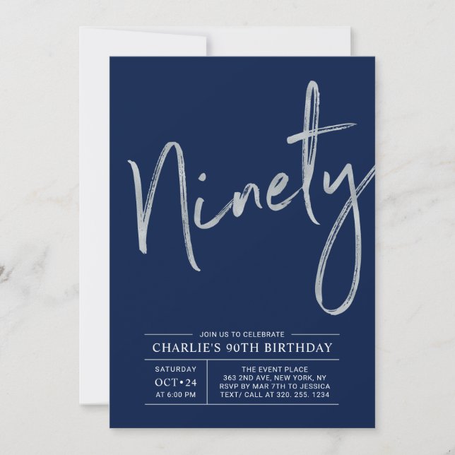 Ninety | Modern Silver Brush 90th Birthday Party Invitation (Front)