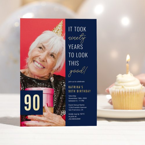Ninety Photo Blue  Gold 90th Birthday Party Real Foil Invitation
