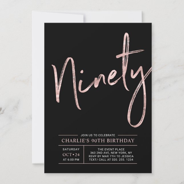 Ninety | Rose Gold & Black 90th Birthday Party Invitation (Front)