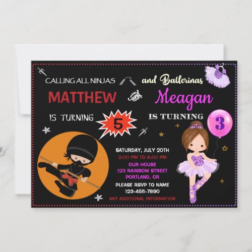 Ninja and ballerina birthday invitation Two theme