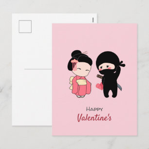 Ninja and Geisha Happy Valentine on Pink Holiday Postcard