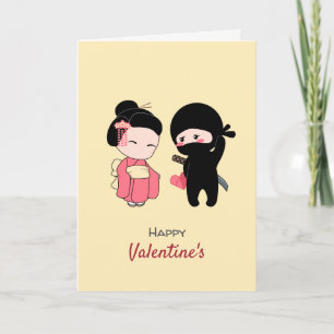 Ninja and Geisha Happy Valentine on Yellow Holiday Card