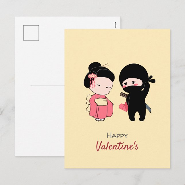 Ninja and Geisha Happy Valentine on Yellow Holiday Postcard (Front/Back)