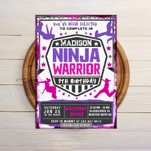 Ninja Athletic Fighter Pink Purple Birthday Party Invitation