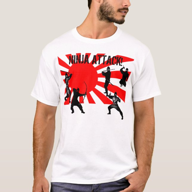 Ninja Attack black ninjas on japanese flag T-Shirt (Front)