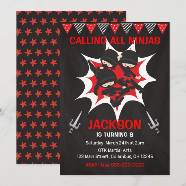 Ninja Birthday Invitation, Karate Ninja Party Invitation (Front/Back)