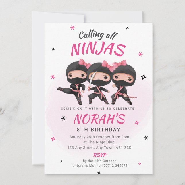 Ninja Birthday Invitation Pink Girls Karate Party (Front)