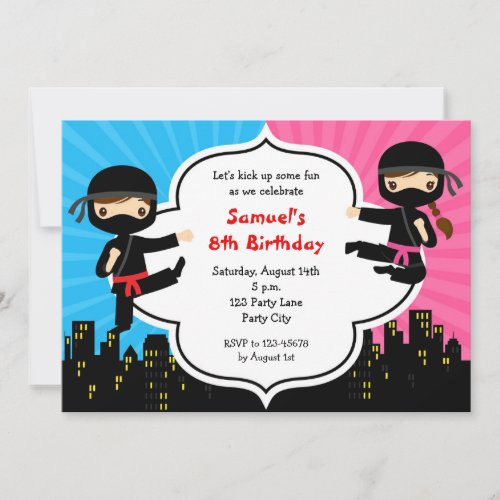 Ninja Birthday Invitations Boy Girl Twins Split