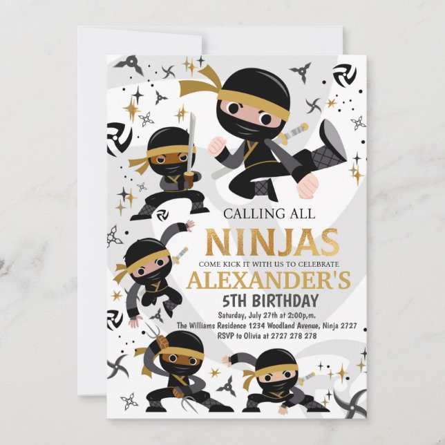 Ninja Birthday Party Invitation Karate Party Gold  (Front)