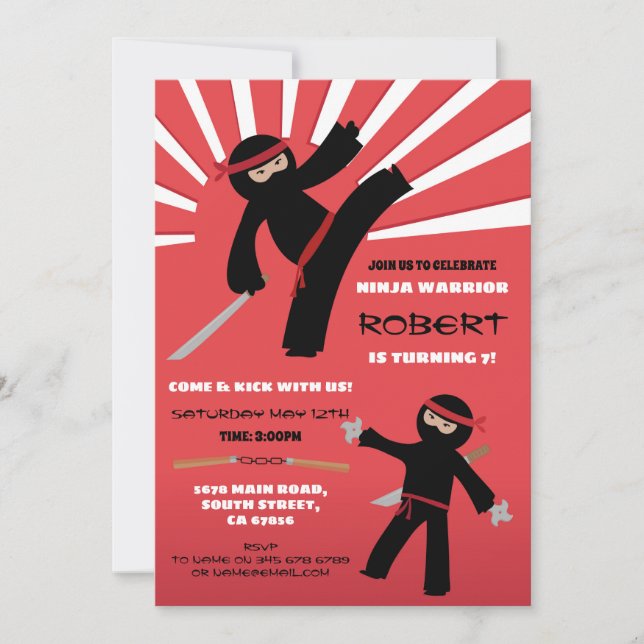 Ninja Birthday Party Warrior Red Boy's Fun Invitation (Front)