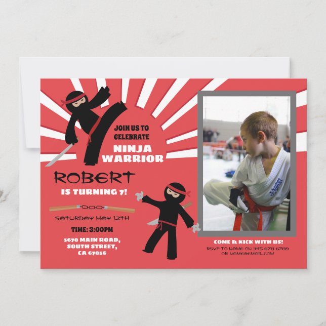 Ninja Birthday Party Warrior Red Boy's Fun Photo Invitation (Front)