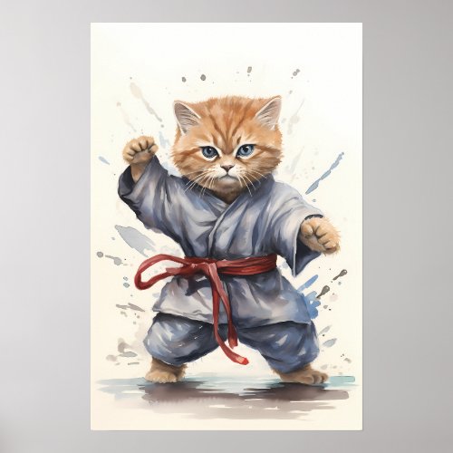 Ninja Cat A Cute and Fierce Watercolor Warrior Poster