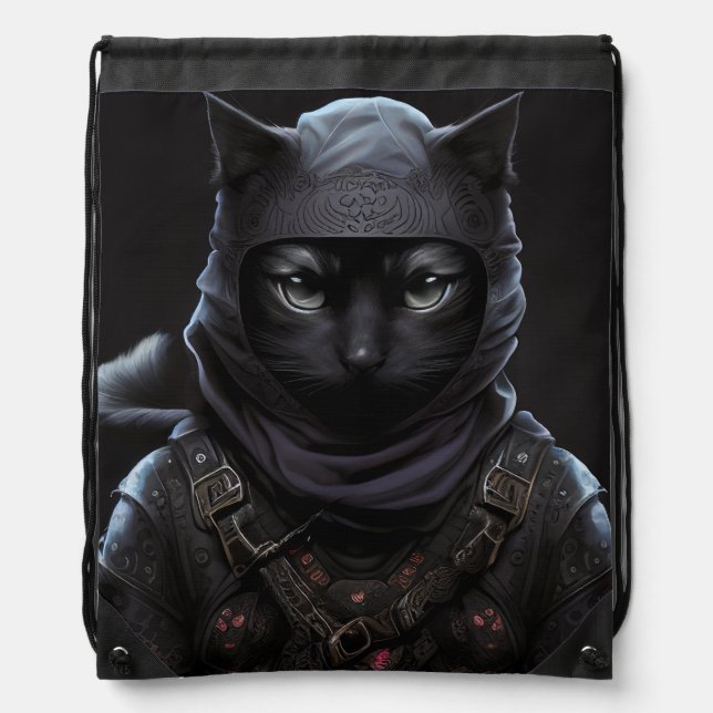Ninja Cat , Black Cat Japanese Assassin T-Shirt Drawstring Bag (Front)