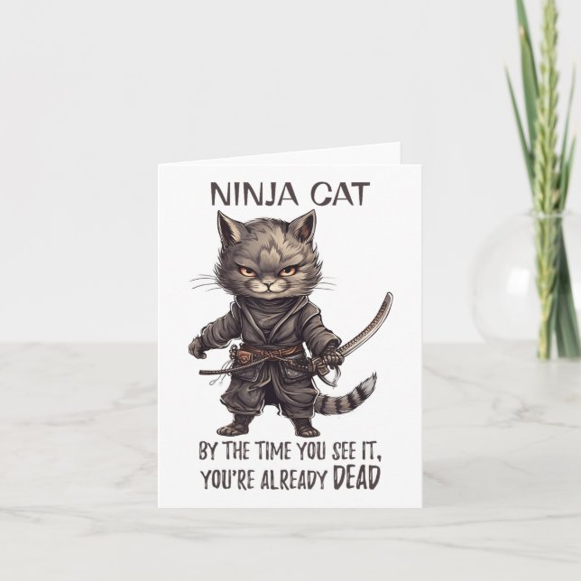 Ninja Cat, Japanese Samurai Kawaii Cat Tattoo Funn Card (Front)