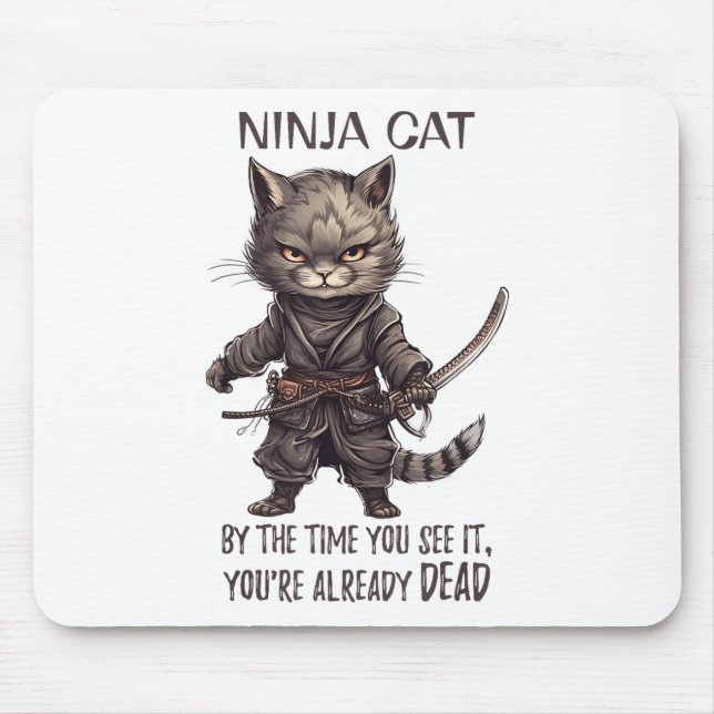 Ninja Cat, Japanese Samurai Kawaii Cat Tattoo Funn Mouse Pad (Front)