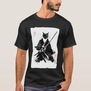 Ninja Cat Samurai Japanese Sumi-e Ink Painting Vin T-Shirt