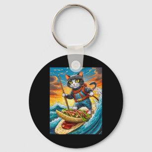 Ninja Cat Surfing A Taco Surfboard With Hot Sauce  Keychain