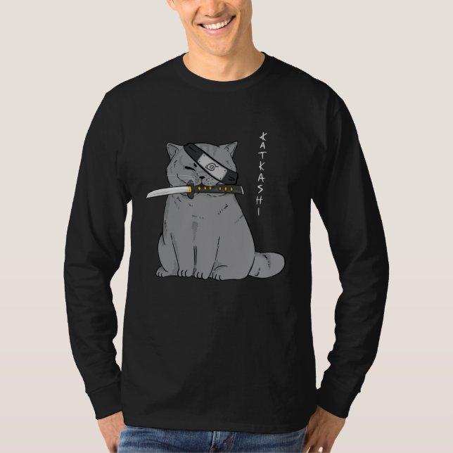 Ninja Cat with Samurai Sword in Mouth T-Shirt (Front)
