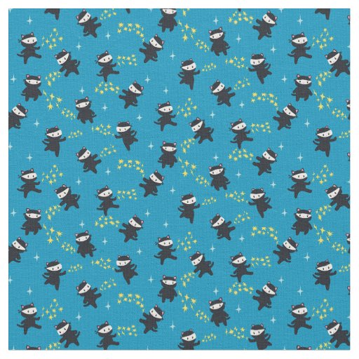 Ninja Cats with Star Power on Blue Fabric