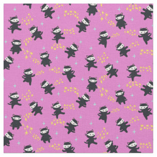 Ninja Cats with Star Power on Pink Background Fabric