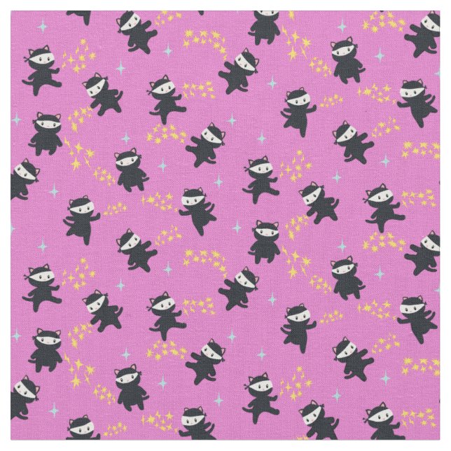 Ninja Cats with Star Power on Pink Background Fabric (Close Up)