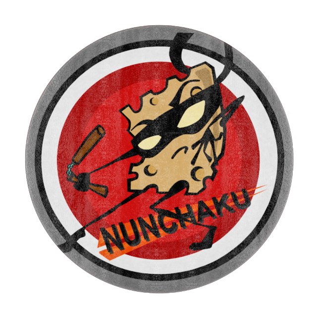 NINJA CHEESE WITH NUNCHUCKS ROUND CUTTING BOARD (Front)