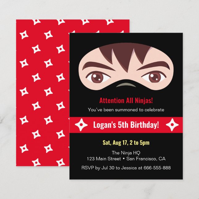 Ninja Face and Mask Kids Birthday Party Invitation (Front/Back)