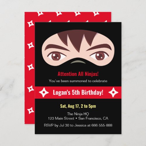 Ninja Face and Mask Kids Birthday Party Invitation