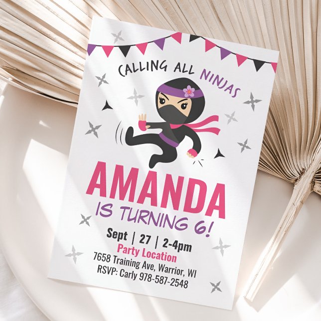 Ninja Girl Birthday Invitation, Cute Pink Karate Invitation (Girl Ninja Birthday Invitation)