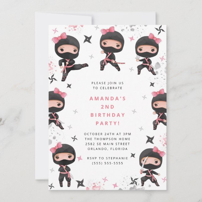 Ninja Girl Birthday Invitation, Cute Pink Karate Invitation (Front)
