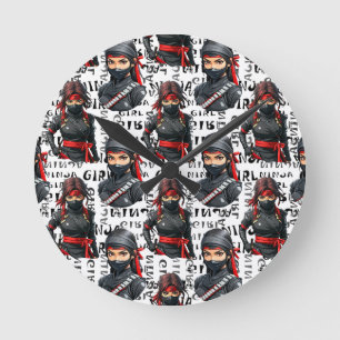 Ninja Girls Anime With Text Pattern Design Round Clock