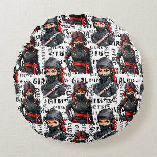 Ninja Girls Anime With Text Pattern Design Round Pillow