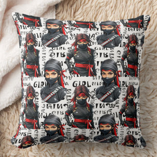 Ninja Girls Anime With Text Pattern Design Throw Pillow