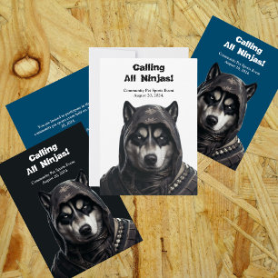 Ninja Husky Pet Dog Invitation Card Black white