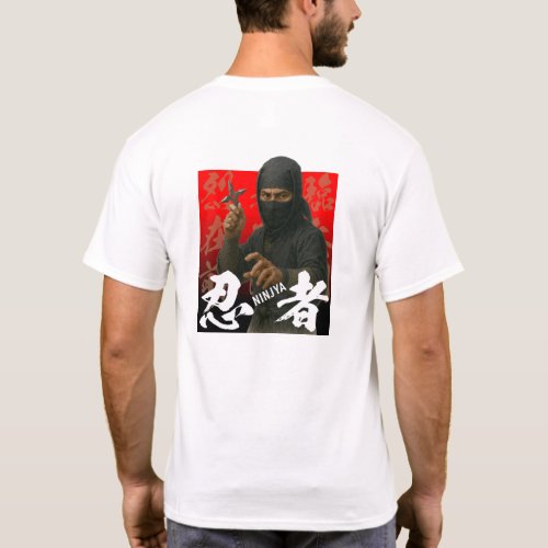 Ninja in Black with Kanji and Red Backdrop T-Shirt