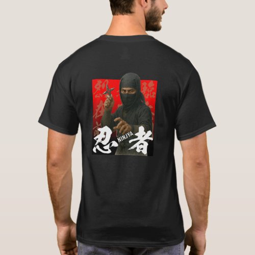 Ninja in Black with Kanji and Red Backdrop T-Shirt