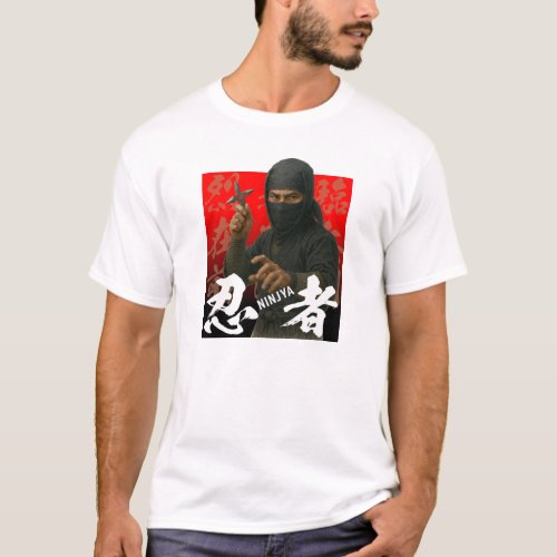 Ninja in Black with Kanji and Red Backdrop T-Shirt
