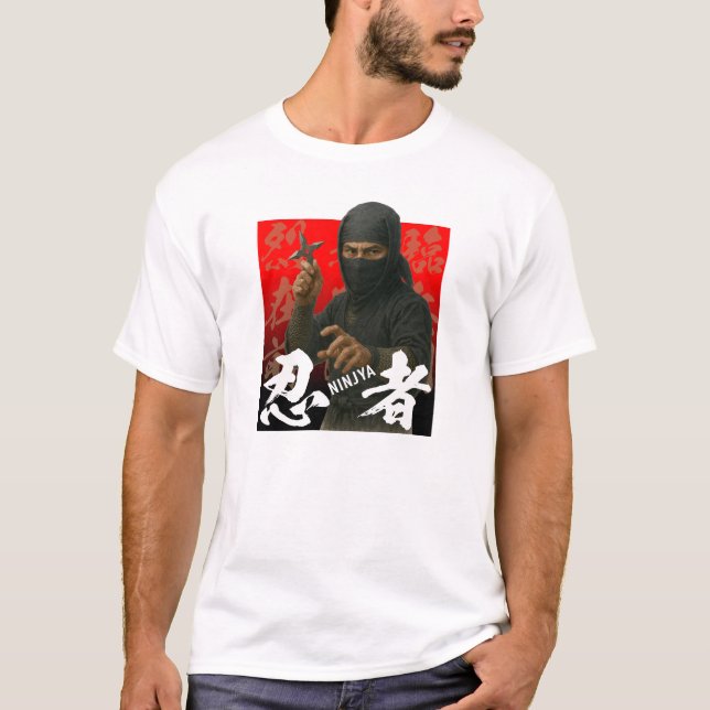 Ninja in Black with Kanji and Red Backdrop T-Shirt (Front)