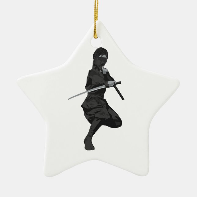 Ninja in Fighting Stance Holding Katana Sword Ceramic Ornament (Front)