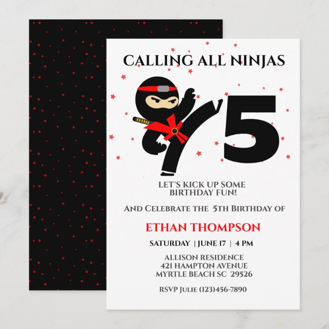  Ninja Karate Birthday Custom Age Party Invitation (Front/Back)