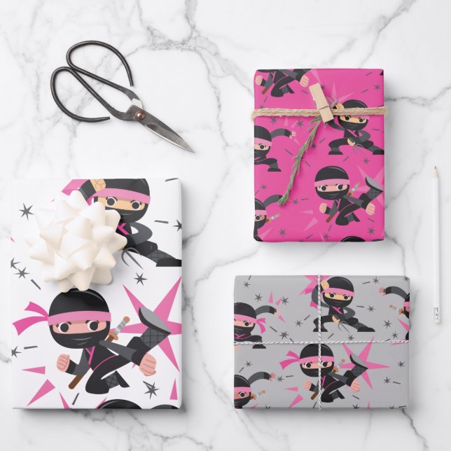 Ninja Karate Girl Warrior Birthday Party Wrapping Paper Sheets (Front)