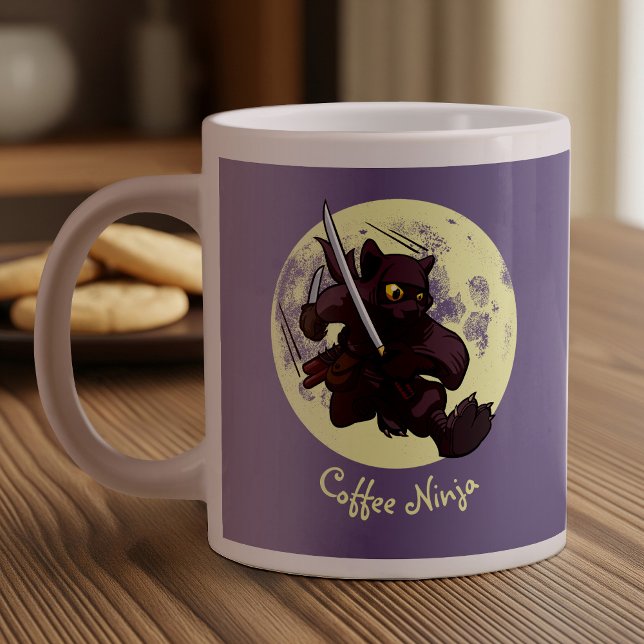 Ninja Katana Swords Flying Kick Cartoon Black Cat Giant Coffee Mug (Creator Uploaded)