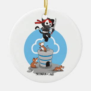 Ninja Kitty with Mice Ceramic Ornament