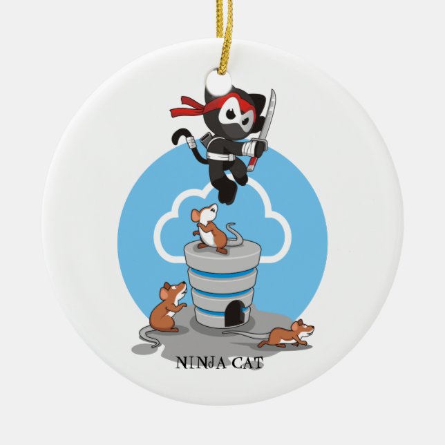 Ninja Kitty with Mice Ceramic Ornament (Front)