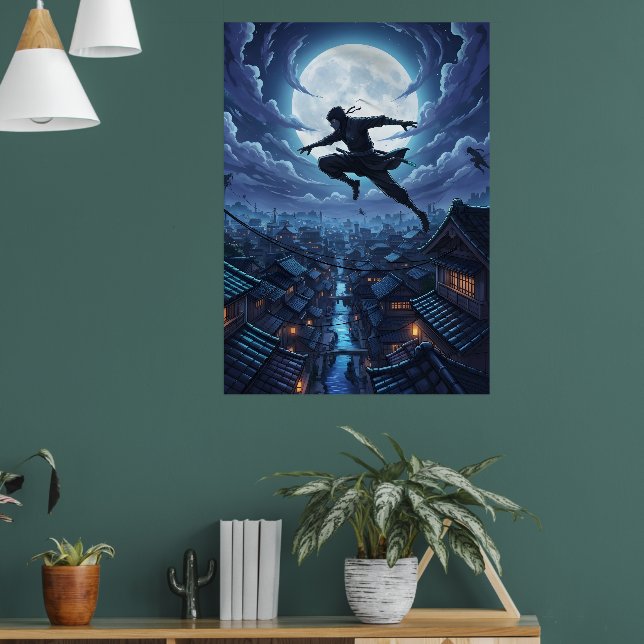 Ninja leaping across rooftops under moonlight poster (Living Room 1)