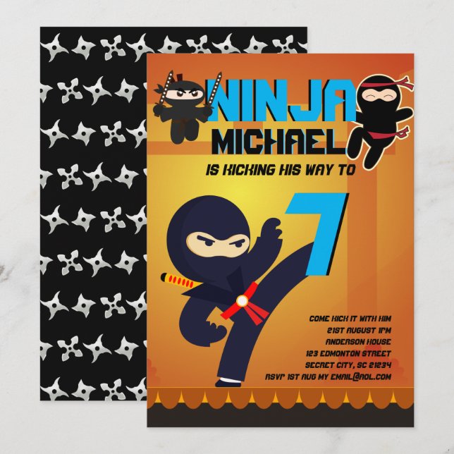 NINJA MOVIE STAR WARRIOR Boys Girls Cartoon Party  Invitation (Front/Back)