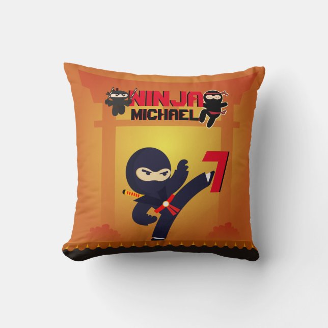 NINJA Movie Star Warrior Kicking it Karate Kids Throw Pillow (Front)