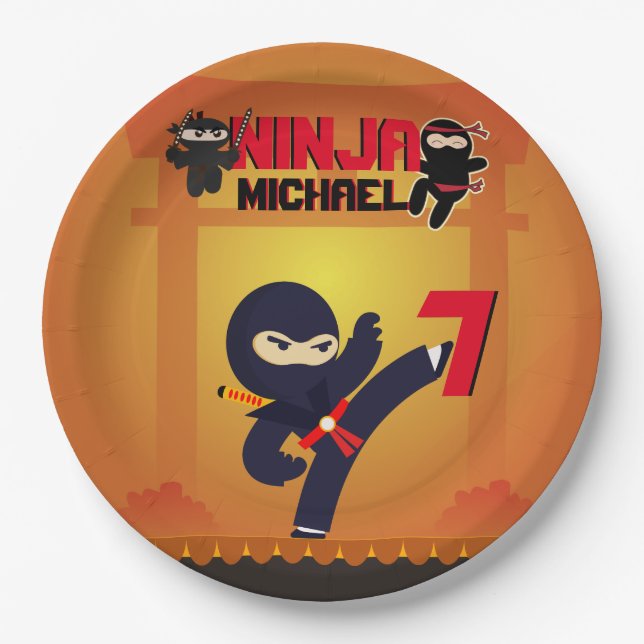 NINJA Movie Star Warrior Kicking it Karate Party Paper Plates (Front)