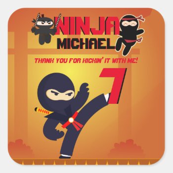 Ninja Movie Star Warrior Kicking It Karate Party Square Sticker by invitationz at Zazzle